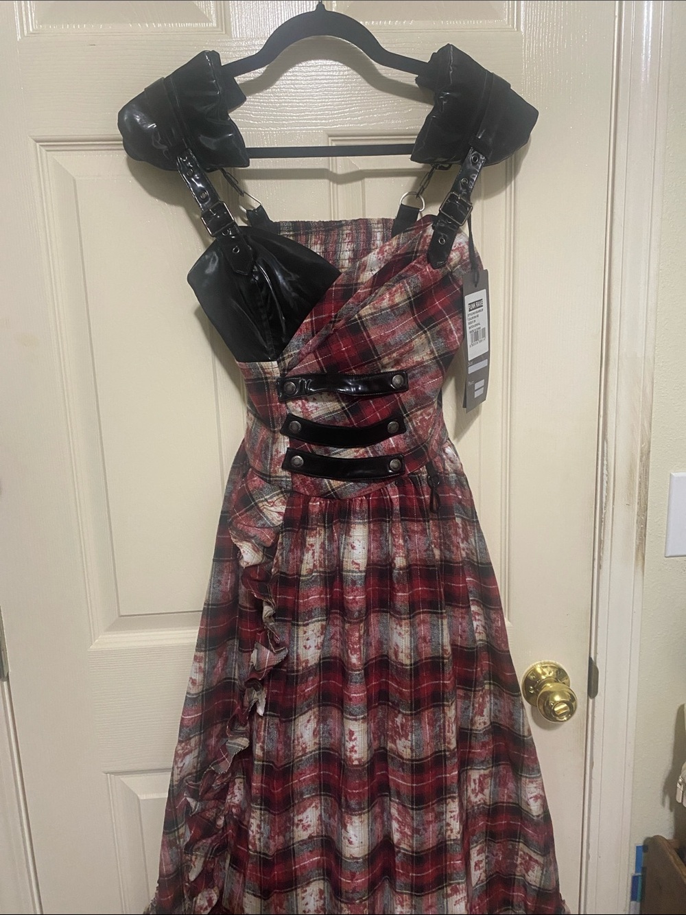 Punk Rave Red Plaid Maxi Dress with Faux Leather Straps